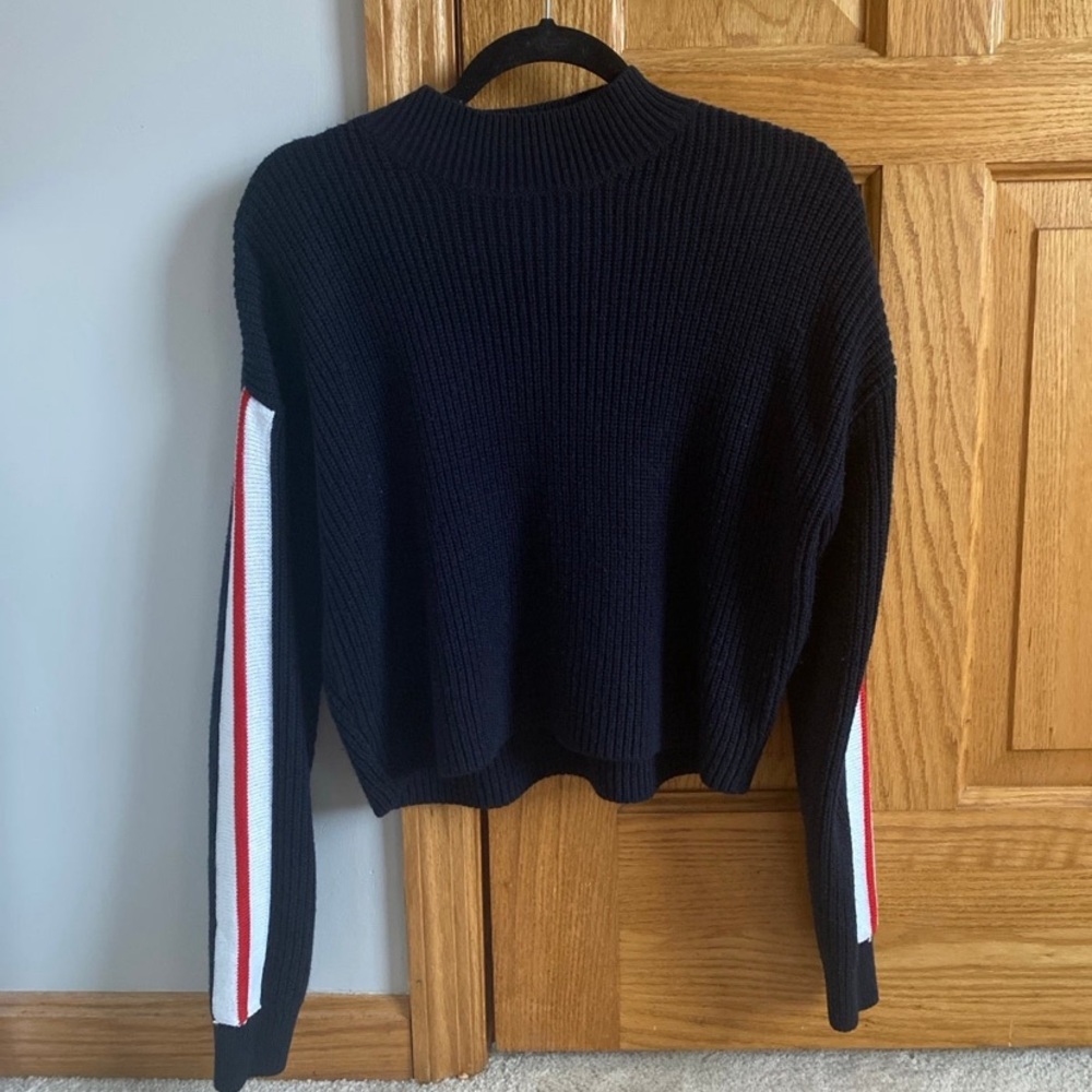 Navy Sweater with Red Stripes